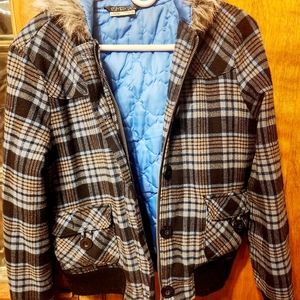 Empyre Jacket Womens Size L Black Grey Blue Plaid Faux Fur Hood Trim Zip Button